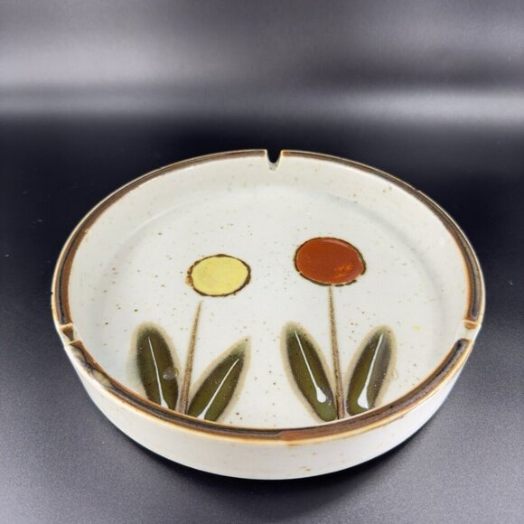 Vintage Japanese Pottery Round Speckled Ashtray Dish Bowl Abstract Flowers Vtg - Picture 8 of 15